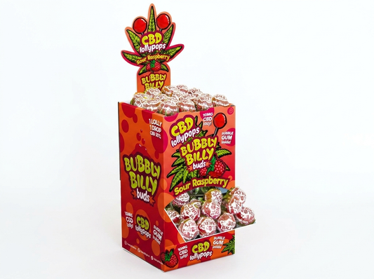 Bubbly Billy Buds 10 mg CBD Sour Raspberry Lollies with Bubblegum Inside